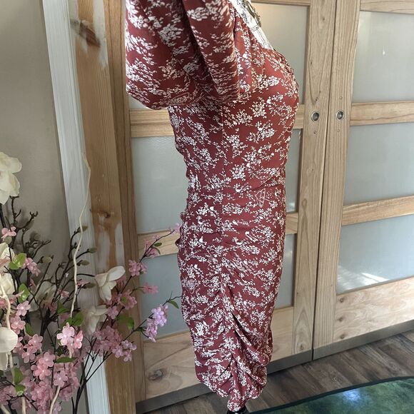 Ambition Women Autumn Floral Long Sleeve Rouched Midi Dress Semi Sheer Size S - Picture 6 of 12